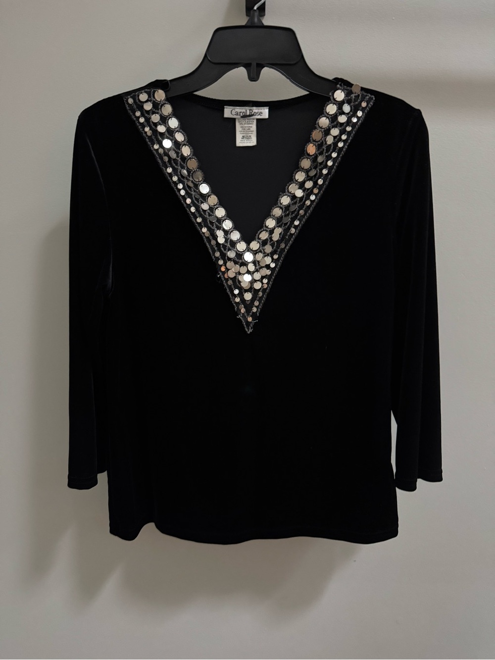 Vintage Carol Rose Black Velvet Top with Mirrored Sequin V-Neck